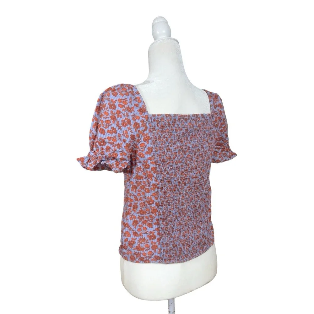 Madewell Floral Puff Sleeve Smocked Back Top Blue Red Size 0